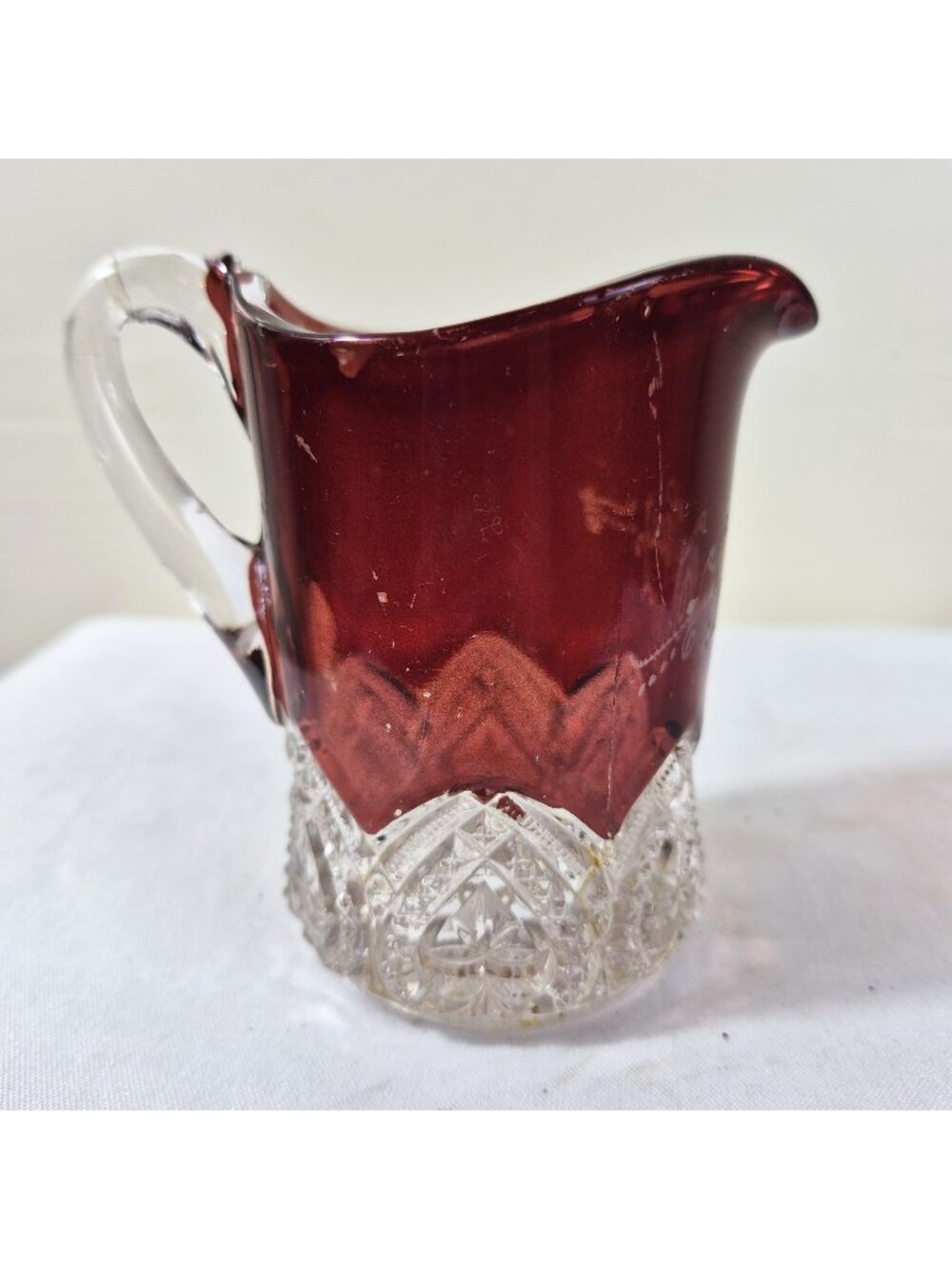 Ruby Stained Glass Creamer Clear Heart Base Hand-Etched "Lucy Day 1911" McKee